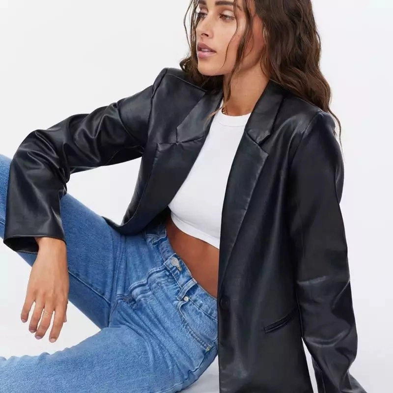 Custom Fashion Turn-Down Collar Single Button Elegant Blazers Leather Jackets for Women