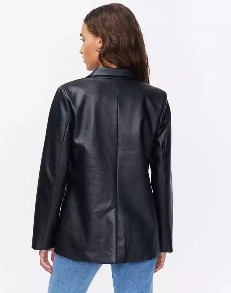 Custom Fashion Turn-Down Collar Single Button Elegant Blazers Leather Jackets for Women