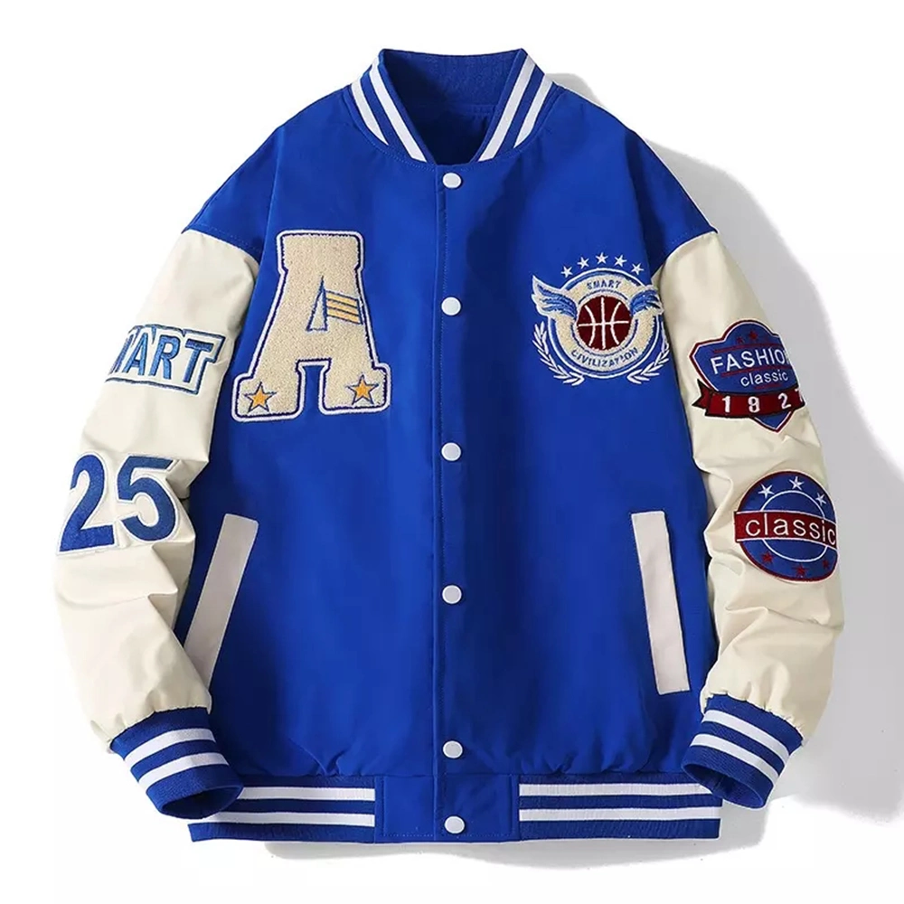 Custom Wholesale Vintage PU Leather Sleeves Men Women Embroidery Down Puffer Winter Sports Bomber Streetwear Letterman Baseball School College Varsity Jacket