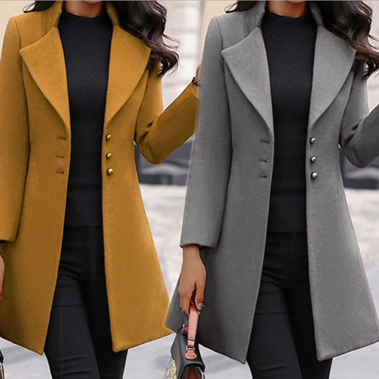 2022 Wholesale MID-Length Korean Version Wool Lapel Solid Color Slim Women&prime; S Woolen Coat